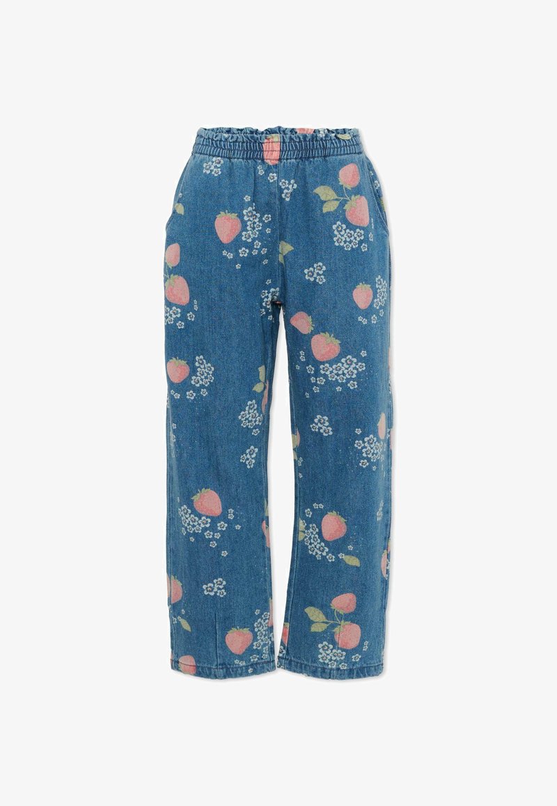 Blauwe spijkerbroek met een elastische tailleband, voorzien van een roze aardbei- en witte bloemall-over print.