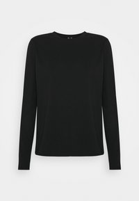 Svart långärmad tröja, rund halsringning, gjord av slät tyg, rak snitt, inga synliga mönster eller utsmyckningar.