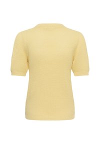 Pull en maille jaune pâle à manches courtes avec motif texturé et col rond, vu de dos.