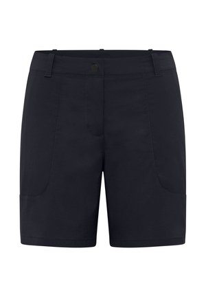 Shorts navy en tissu léger, dotés de deux poches avant, d'un devant plat et d'une coupe classique avec des détails de couture soignés.