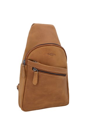 Braune Leder-Umhängetasche mit Reißverschlusstaschen vorne und seitlich, geprägt mit dem Logo "Gusti Leder studio".