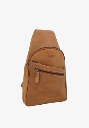 Braune Leder-Umhängetasche mit Reißverschlusstaschen vorne und seitlich, geprägt mit dem Logo "Gusti Leder studio".