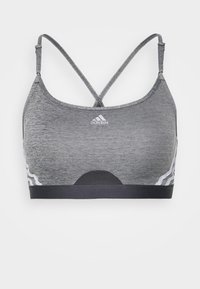 Gråidretts-bh med en teksturert, heather design. Har racerback stroppestil og et svart elastisk bånd, merket med Adidas-logoen.