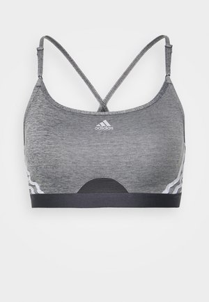 Grauer Sport-BH mit strukturiertem, meliertem Design. Verfügt über ein Racerback-Trägersystem und einen schwarzen elastischen Bund, der mit dem Adidas-Logo versehen ist.