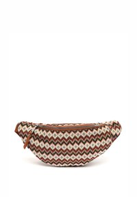 Vävd tyg crossbody-väska i geometriskt mönster av kräm, röd och grön nyanser. Har dragkedjestängning och bruna läderdetaljer.