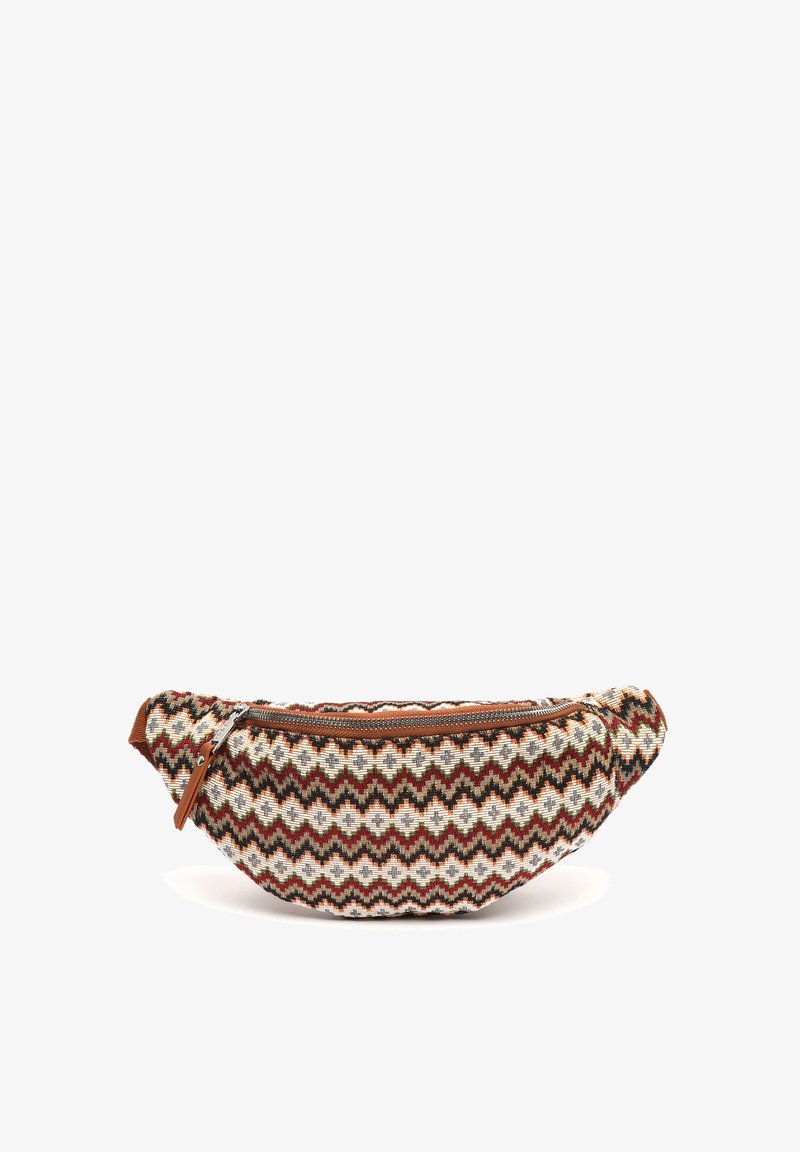 Audinių pynimo per petį maišas, išsiskiriantis geometriniu kreminės, raudonos ir žalios spalvų raštu. Įrengtas užtrauktuko uždarymu ir rudos odos akcentais.