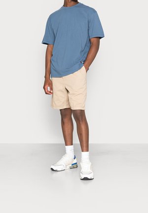 Blue cotton t-shirt with short sleeves, paired with beige shorts, white sneakers with blue accents, and white socks, standing on a plain background.