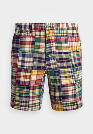 Multicolored geruite shorts met een mix van vierkanten in rood, geel, groen, blauw en crème. Gemaakt van lichtgewicht stof met zakken.