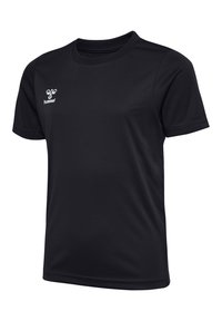 Black short-sleeve sports T-shirt with crew neck and small white Hummel logo on the upper left chest.