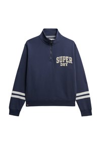 Granatowy sweatshirt z pół-zamkiem i kołnierzem, logo "SUPER DRY" w kolorze kremowym oraz białe paski na rękawach. Miękki materiał mieszanki bawełny.
