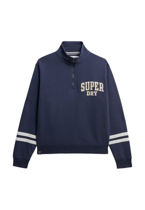 Navy blue sweatshirt with a half-zip collar, "SUPER DRY" logo in cream, and white stripes on sleeves. Soft, cotton blend material.