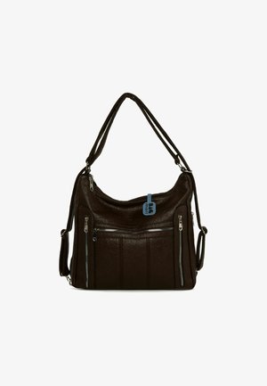 Brun skuldertaske i læder med en tekstureret overflade, der har flere lynlåslommer og en aftagelig skulderrem.
