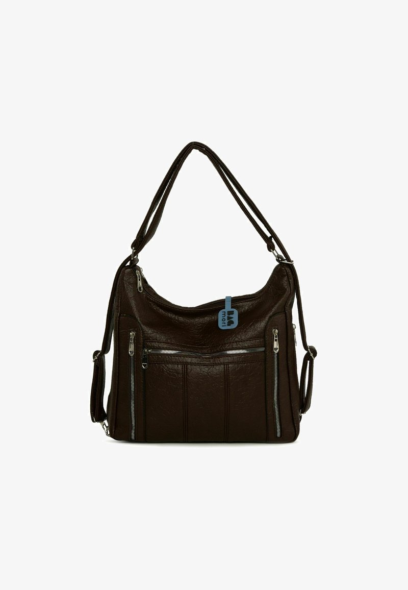 Pruun nahast õlakott tekstuurse viimistlusega, millel on mitu tõmblukuga taskut ja eemaldatav õlarihm.