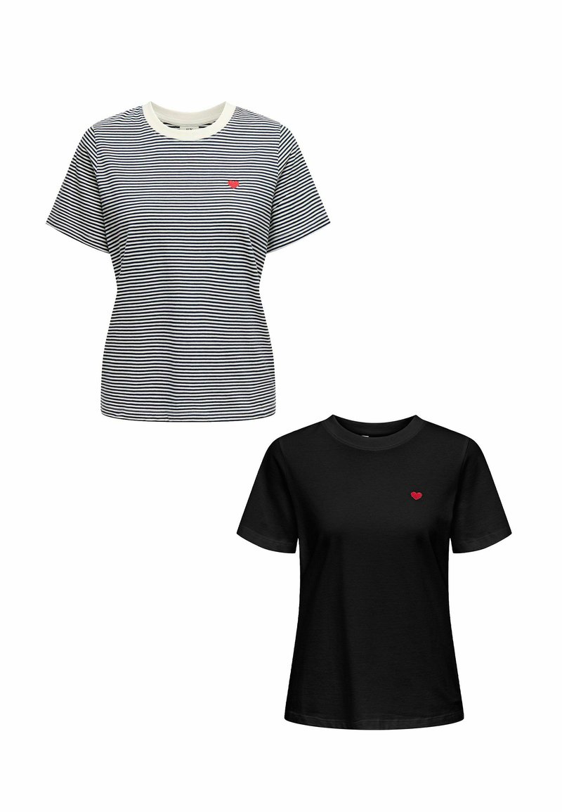 Zwei T-Shirts: eines gestreift in Marineblau und Weiß mit einem roten Herz-Logo, das andere einfarbig schwarz mit einem passenden roten Herz-Logo. Kurze Ärmel.