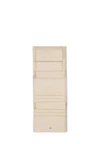 Beige leather wallet with a smooth texture, featuring multiple card slots, a snap closure, and embossed brand logo.