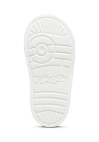 Suola di scarpa in gomma bianca con superficie testurizzata caratterizzata da scanalature verticali e orizzontali, un accent circolare e il nome del marchio "Falcotto" in rilievo.