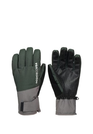 Dark green and gray winter gloves with black textured palms, adjustable wrist straps, and "DCSHOECOUSA" printed on the back of the left glove.