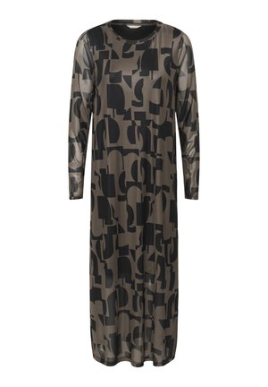 Robe à manches longues en tissu marron, avec un motif géométrique abstrait noir. Coupe droite, décolleté rond et longueur cheville.