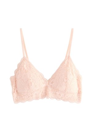 Bralette en dentelle rose doux, avec des bords festonnés, des bretelles réglables et des motifs floraux sur un tissu délicat et transparent.