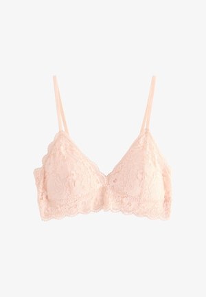 Bralette in pizzo di un morbido rosa, con bordi ondulati, spalline regolabili e motivi floreali su un delicato tessuto trasparente.