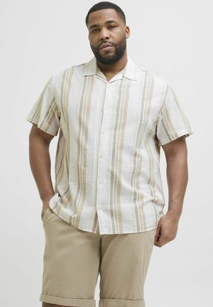 Camicetta a maniche corte, con bottoni, a righe verticali beige e bianche. Realizzata in tessuto leggero, presenta una vestibilità comoda e un colletto da campeggio.