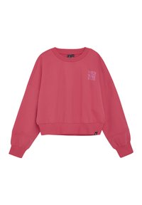 Rosa kortärmad sweatshirts i bomull med rund halsringning, långa pösiga ärmar och embossad text, "TITTA PÅ FLER SOLNEDGÅNGAR," på framsidan.