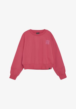 Roze cropped sweatshirt van katoen, met een ronde halslijn, lange pofmouwen en reliëftekst "BEEK MEER ZONSONDERGANGEN" op de voorkant.