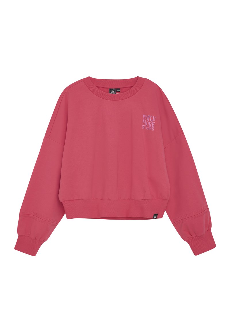 Rosa kortärmad sweatshirts i bomull med rund halsringning, långa pösiga ärmar och embossad text, "TITTA PÅ FLER SOLNEDGÅNGAR," på framsidan.