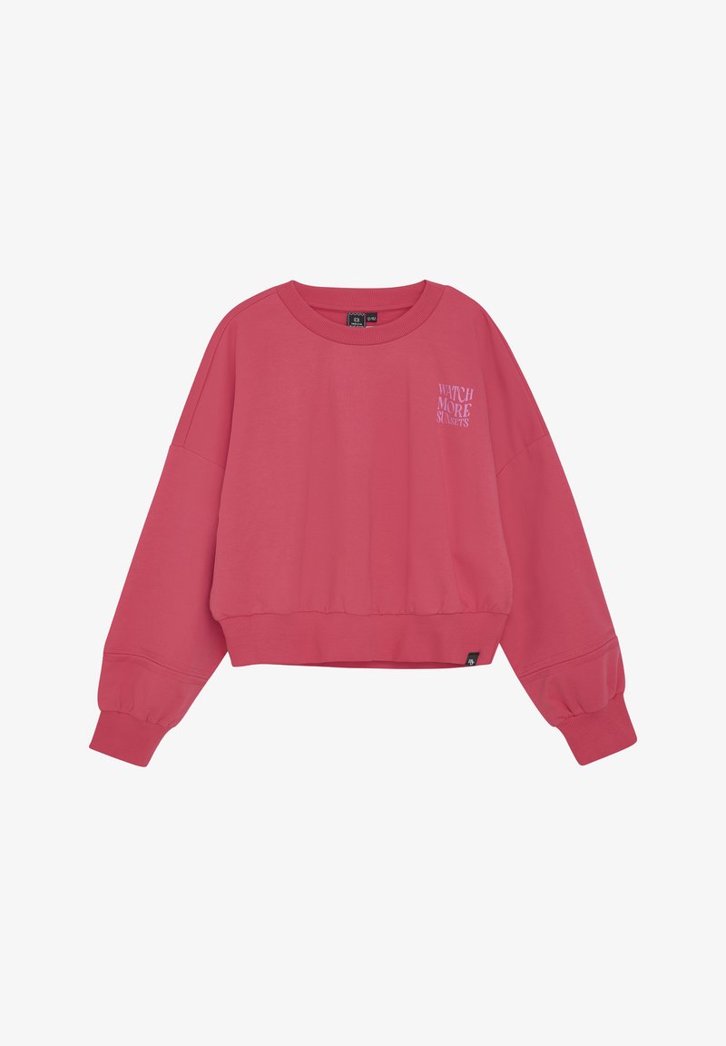 Rosa kortärmad sweatshirts i bomull med rund halsringning, långa pösiga ärmar och embossad text, "TITTA PÅ FLER SOLNEDGÅNGAR," på framsidan.