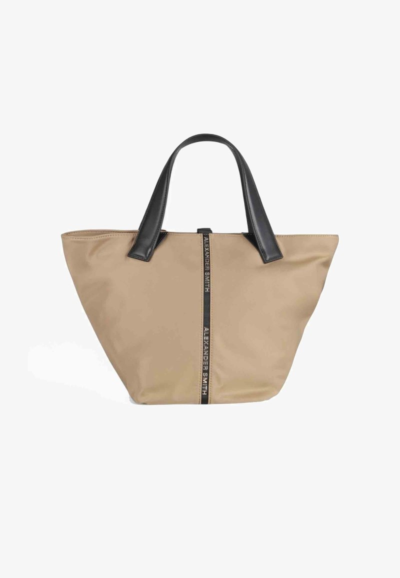 Borsa tote beige con una texture di tessuto liscia, manici in pelle nera e una cerniera centrale nera con il testo "ALEXANDER SMITH."