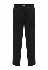 Schwarze Baumwollhosen mit elastischem Bund und verstellbarem Kordelzug, ausgestattet mit zwei Vordertaschen und einem geraden Bein-Design.