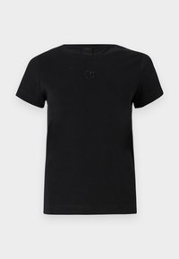 Black short-sleeve t-shirt made of cotton. Features a round neckline and a subtle logo detail in matching black on the chest.