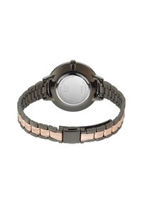 Edelstahl-Armbanduhr mit einem schwarzen runden Gehäuse und roségoldenen Akzenten am Armband, ausgestattet mit einer polierten Oberfläche und einem sicheren Verschluss.