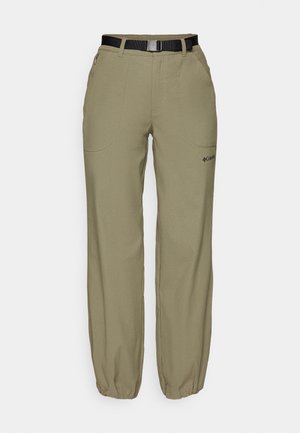 Beige outdoor pants with elastic cuffs, front pockets, and a black belt. Features a subtle logo near the lower pocket.