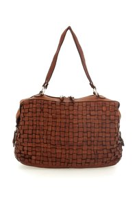 Borsa a tracolla in pelle intrecciata marrone con una forma rettangolare, doppie spalline e due scomparti con cerniera. Superficie strutturata con cuciture visibili.