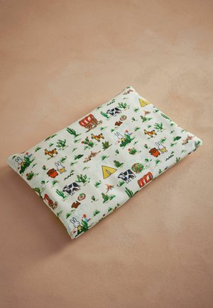 Rectangular pillowcase in cream fabric featuring a colorful print of animals, plants, and various small objects, with a soft texture.