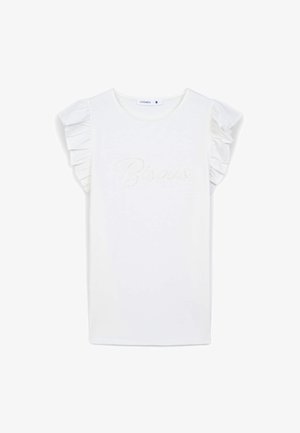 Top bianco a maniche corte con spalline arricciate e "Bisous" in dettaglio scintillante sulla parte centrale. Tessuto morbido con una vestibilità rilassata.