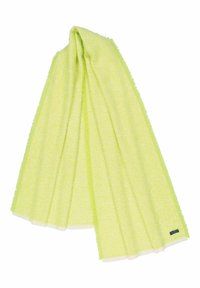 Limoengroene handdoek met een gestructureerd oppervlak, franjes aan de randen en een klein logotag aan de onderkant. Lichtgewicht en zachte stof.