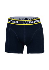 Boxer-briefs marins en tissu doux, dotés d'une ceinture élastique flexible avec le logo "JACK&JONES" en accents blancs et jaunes.