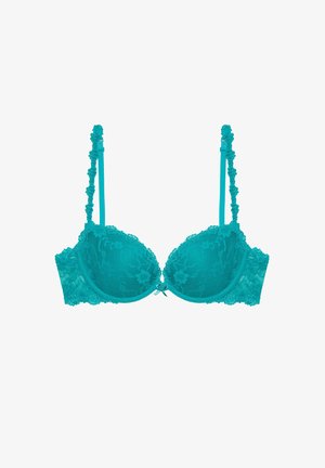 Turkusowy koronkowy stanik z wyściełanymi miseczkami na drucie, wzór w kwiaty, falbaniaste ramiączka i ozdobna kokardka na środku. Regulowane zapięcie z tyłu.