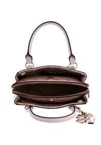 Gestructureerde handtas in bleekroze met zwarte rand, voorzien van dubbele vakken, ritssluiting en metalen details. Gladde leren textuur.