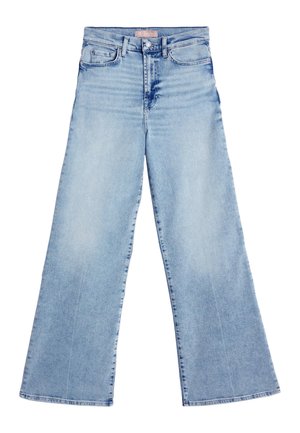 Lyseblå denim wide-leg jeans med høj talje, fem-lomme design og subtil falmning. Rå kant ved anklerne forbedrer teksturen.