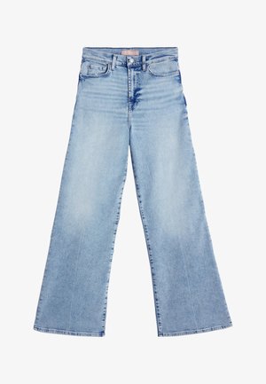 Lyseblå denim wide-leg jeans med høj talje, fem-lomme design og subtil falmning. Rå kant ved anklerne forbedrer teksturen.
