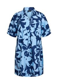 Blaues und hellblaues, blumengemustertes Kurzarmkleid mit einem kragenförmigen Ausschnitt, lockerer Passform und seidiger Stoffstruktur.