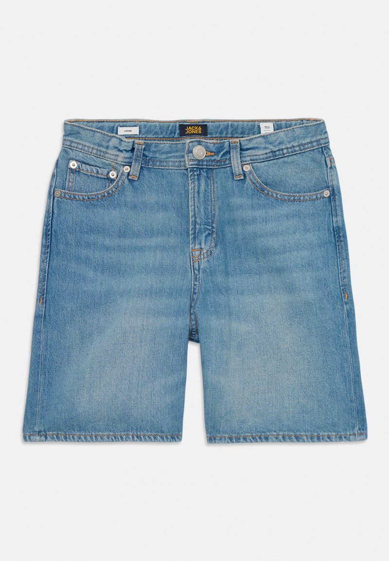 Ljust blå denimshorts med rak passform, fem fickor, metallknappstängning och stickade detaljer längs fållen.
