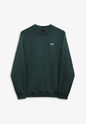 Sweat-shirt vert foncé à manches longues et col rond avec un petit logo Vans blanc sur le côté gauche de la poitrine, présenté sur un fond blanc.