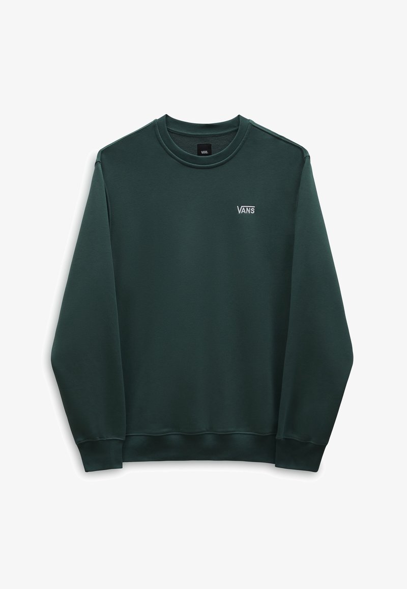 Sweat-shirt vert foncé à manches longues et col rond avec un petit logo Vans blanc sur le côté gauche de la poitrine, présenté sur un fond blanc.