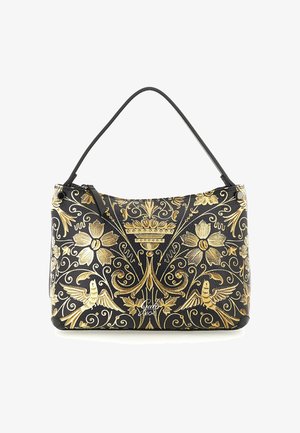 Borsa nera con ricami floreali e uccelli dorati, a tracolla singola e con una cerniera decorativa.