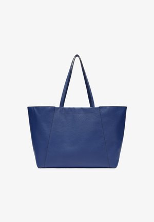 Blaue Leder-Tasche mit strukturiertem Design, zwei langen Griffen und einer texturierten Oberfläche. Verfügt über einen nahtlosen, minimalistischen Look.