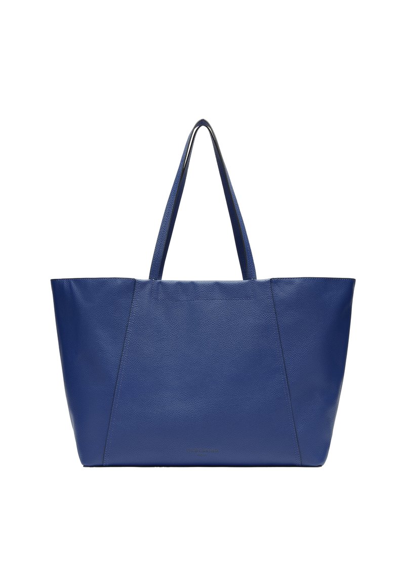 Sac fourre-tout en cuir bleu avec un design structuré, deux longues poignées et une surface texturée. Présente un look minimaliste et sans couture.